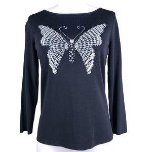 Lucia Burns Butterfly Tee Black Beaded Sequins Fitted Knit Top Large, Fits Med